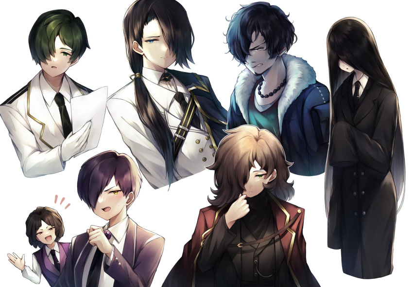 2girls, 5boys, astolfo_(project_moon), bead_necklace, beads, black_coat, black_hair, black_jacket