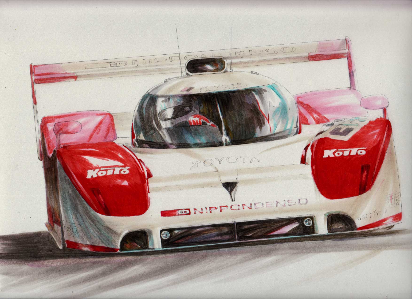 1boy, car, driving, gloves, helmet, highres, le_mans_prototype, motor_vehicle, race_vehicle, racecar, radio_antenna, real_life, red_gloves, shadow, spoiler_(automobile), suzuki_toshio, toyota, toyota_ts010, vehicle_focus, white_headwear, world_sportscar_championship, yasuyuki3080
