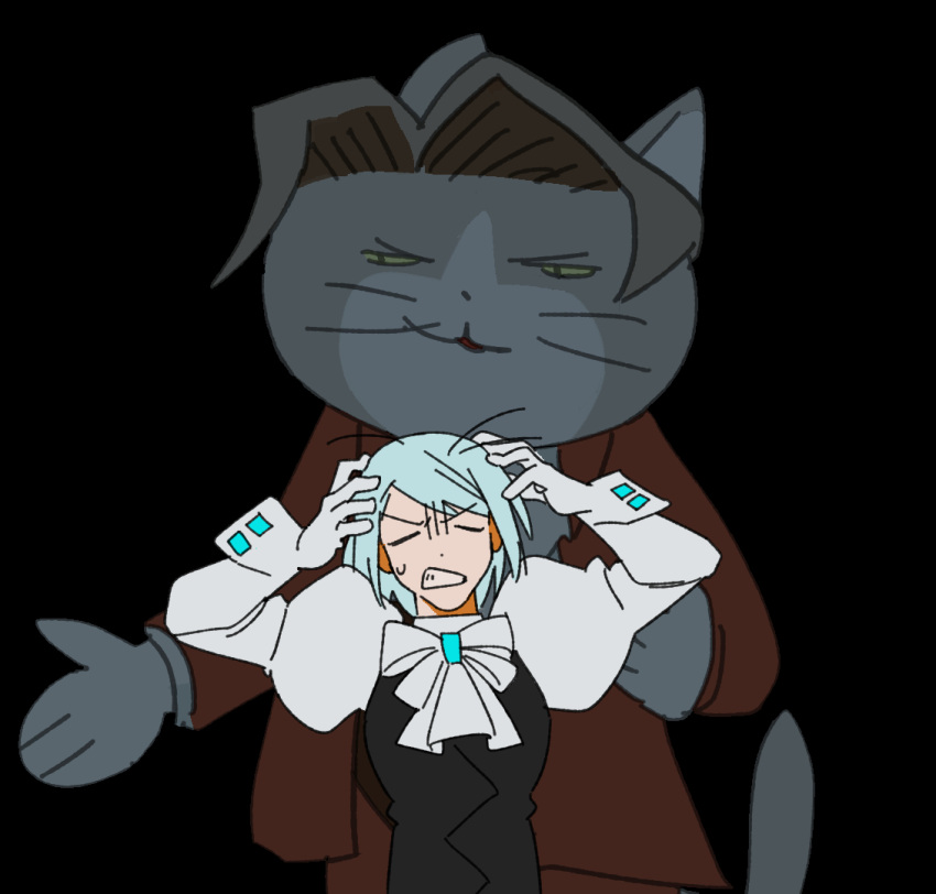 1boy, 1girl, ace_attorney, animalization, ascot, black_background, black_vest, blue_hair, cat, closed_eyes, franziska_von_karma, frustrated, grey_hair, hands_on_own_head, hands_up, jacket, juliet_sleeves, kui_523, long_sleeves, meme, miles_edgeworth, open_mouth, puffy_sleeves, red_jacket, scratching_head, shigoto_neko, shirt, short_hair, smile, sweatdrop, v-shaped_eyebrows, vest, white_shirt