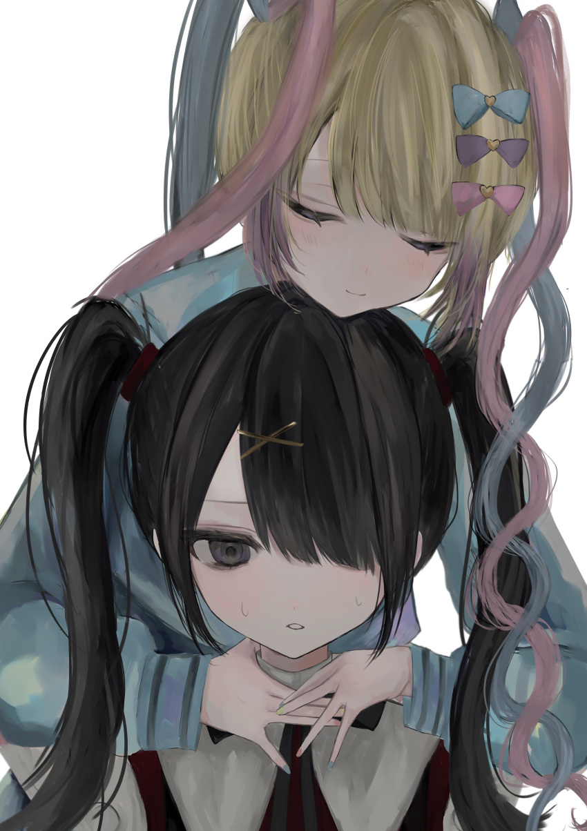 2girls, absurdres, ame-chan_(needy_girl_overdose), black_eyes, black_hair, blonde_hair, blue_bow, blue_hair