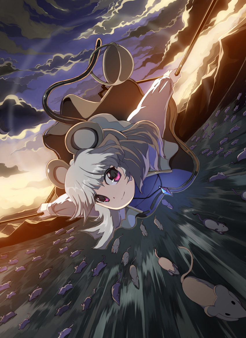 flying, grey_hair, highres, mice, mouse, mouse_ears, mouse_tail, nature