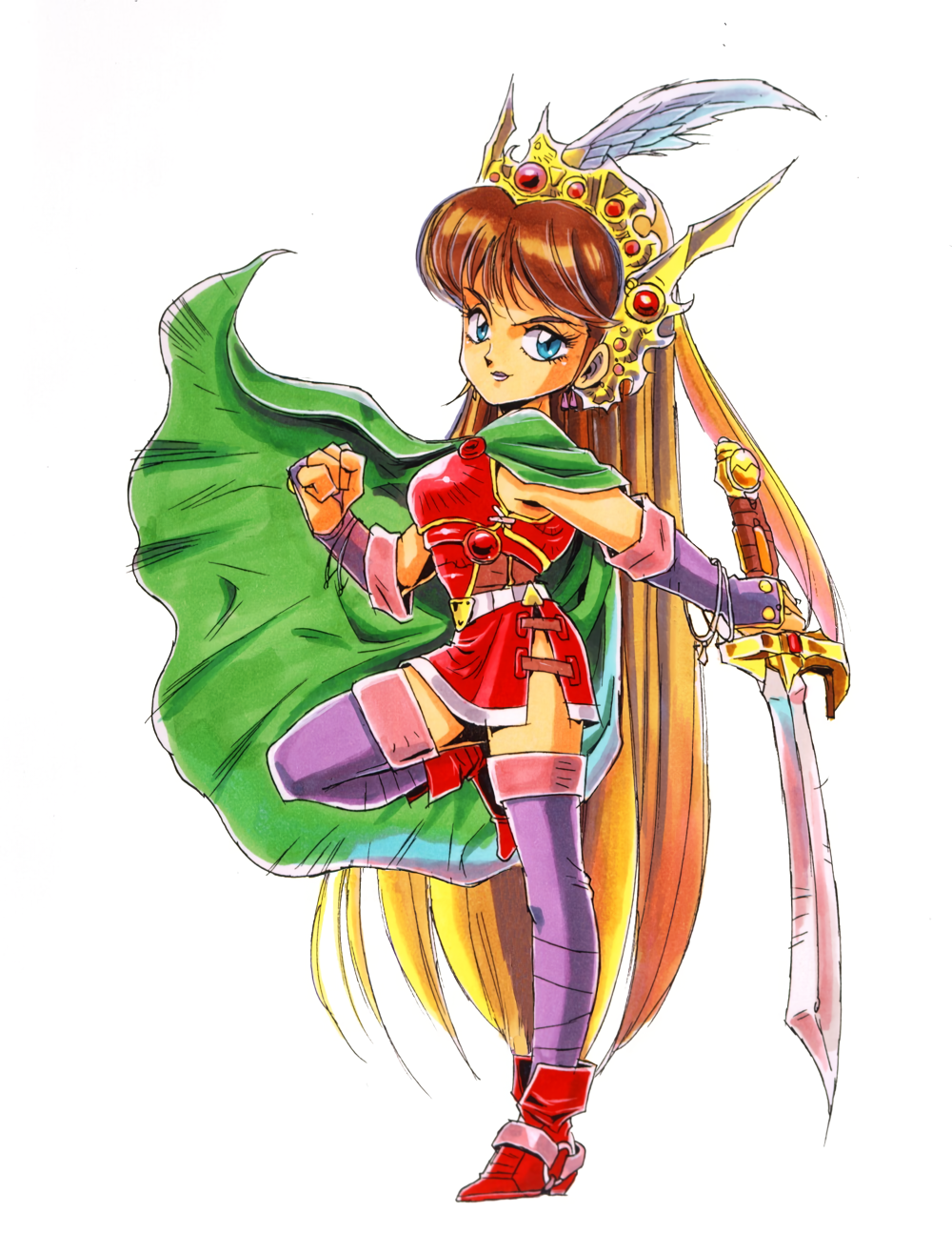 1girl, armor, blue_eyes, bracelet, breastplate, brown_hair, cape, full_body