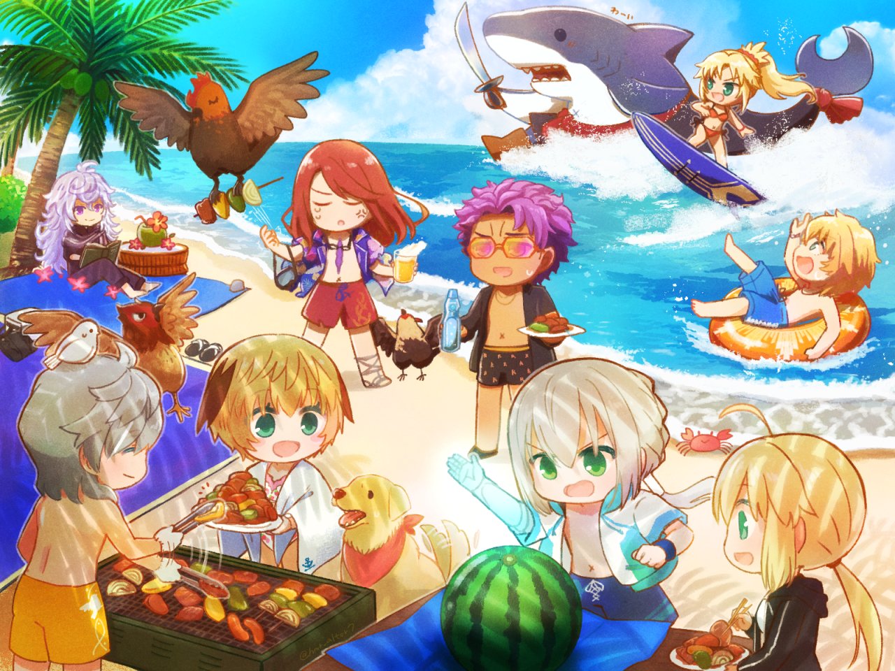 3girls, 6+boys, alcohol, anger_vein, artoria_pendragon_(fate), artoria_pendragon_(swimsuit_archer)_(fate), bedivere_(fate), beer