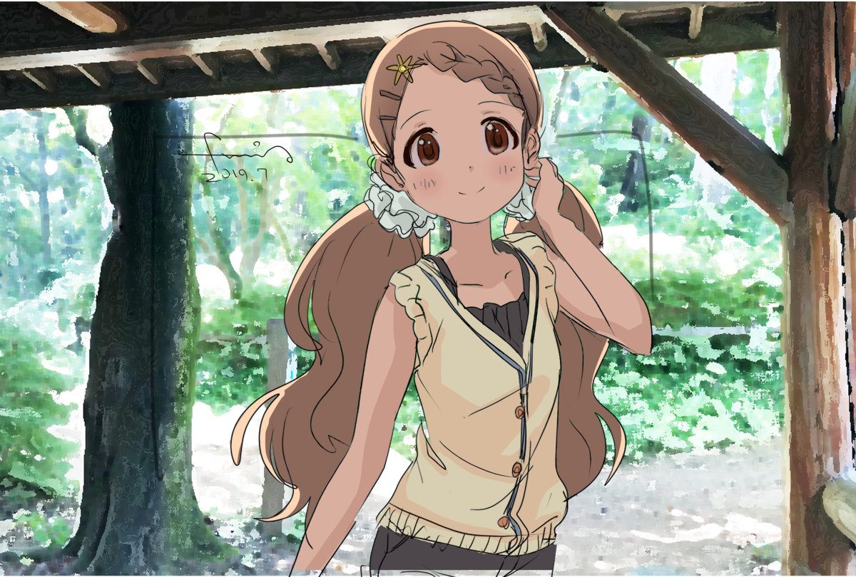 1girl, alternate_costume, alternate_hairstyle, aoba_kokona, braid, brown_eyes, brown_hair, flat_chest, fumi-a, hair_ornament, hairclip, photo_background, single_braid, tank_top, vest, yama_no_susume