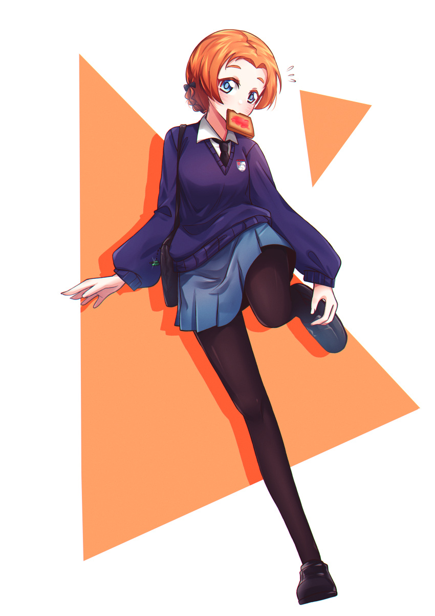 1girl, absurdres, black_footwear, black_necktie, black_pantyhose, black_ribbon, blue_eyes, blue_skirt, blue_sweater, braid, commentary, dress_shirt, dressing, emblem, english_commentary, flying_sweatdrops, food, food_in_mouth, girls_und_panzer, hair_ribbon, highres, leg_up, loafers, long_sleeves, looking_at_viewer, miniskirt, mizzterbii, mouth_hold, necktie, orange_hair, orange_pekoe_(girls_und_panzer), pantyhose, parted_bangs, pleated_skirt, ribbon, school_uniform, shirt, shoes, short_hair, skirt, solo, st._gloriana's_(emblem), st._gloriana's_school_uniform, standing, standing_on_one_leg, sweater, toast, toast_in_mouth, v-neck, white_shirt, wing_collar