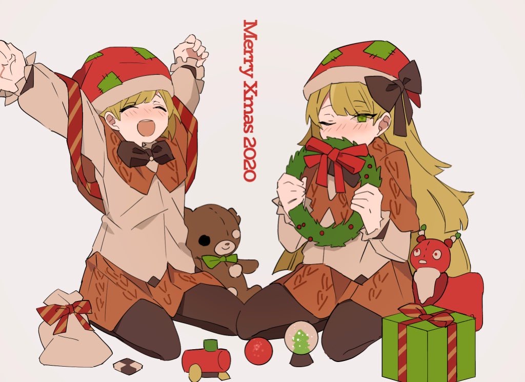 1boy, 1girl, 2020, arms_up, bag, blonde_hair, blush, brown_pantyhose, capelet, checkerboard_cookie, cookie, food, gift, green_eyes, happy_teddy_bear, hat, holding_wreath, lobotomy_corporation, long_hair, long_sleeves, merry_christmas, mu46016419, one_eye_closed, open_mouth, orange_capelet, orange_skirt, pantyhose, project_moon, rudolta_of_the_sleigh, santa_hat, seiza, shirt, simple_background, sitting, skirt, stuffed_animal, stuffed_toy, teddy_bear, tiphereth_a_(project_moon), tiphereth_b_(project_moon), very_long_hair, wariza, white_background, white_shirt