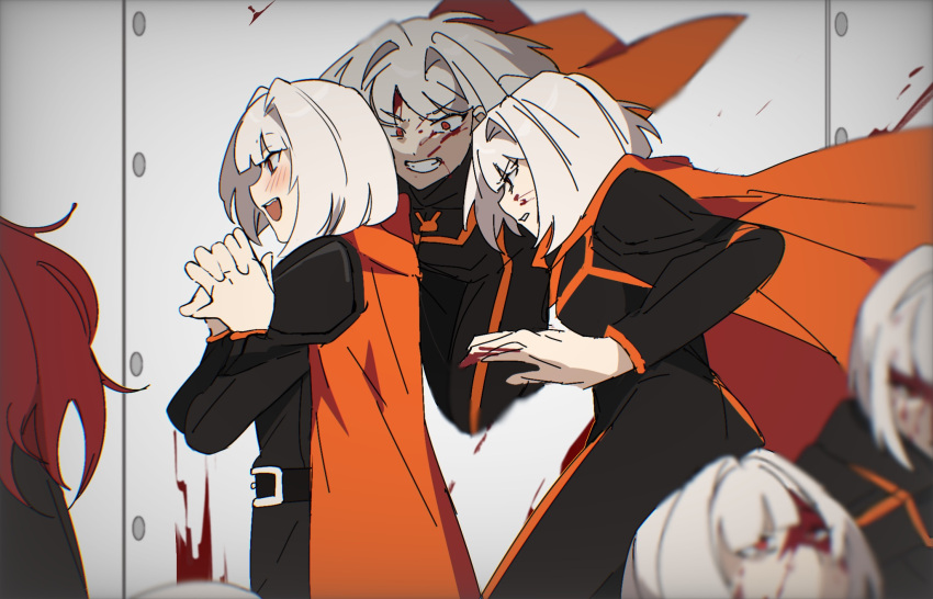 6+girls, armor, black_armor, black_coat, black_jacket, black_pants, blood, blood_on_face