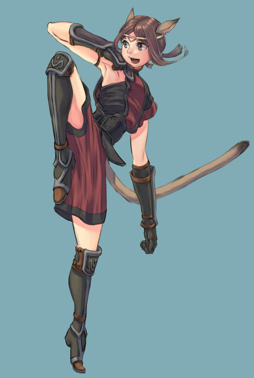 1girl, :d, animal_ears, arm_guards, avatar_(ff11), black_gloves, breasts, brown_hair