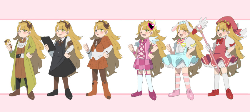6+girls, absurdres, beret, black_skirt, black_vest, blonde_hair, bow, bowtie