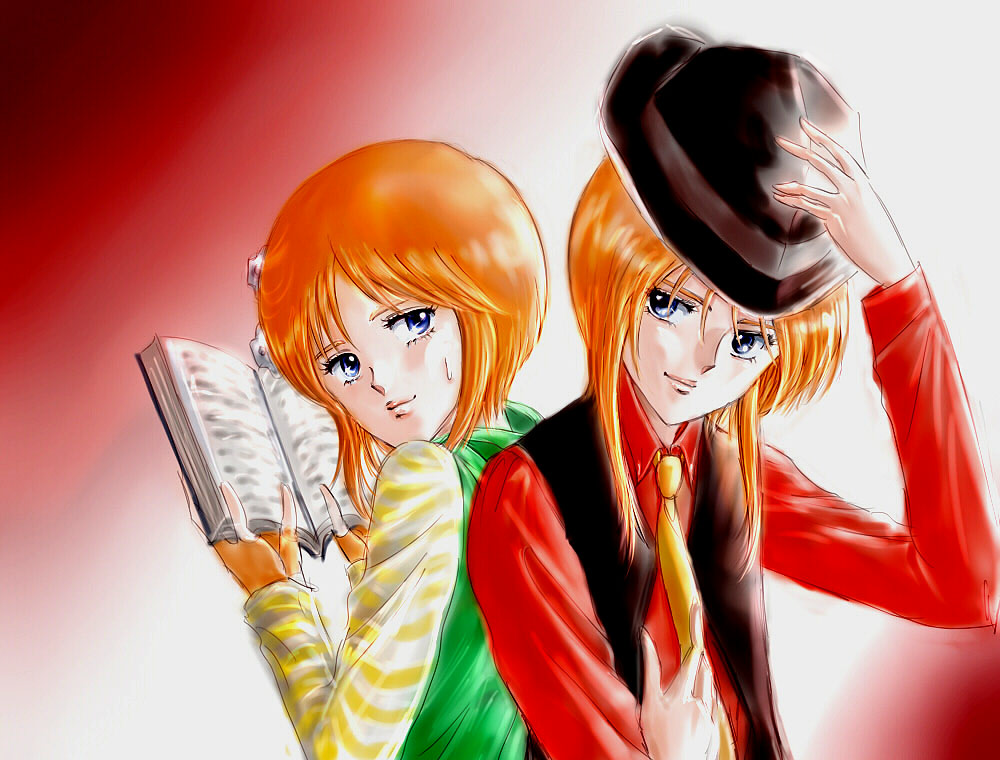 2girls, book, casual, clone, cosplay, elpeo_puru, gundam, gundam_zz