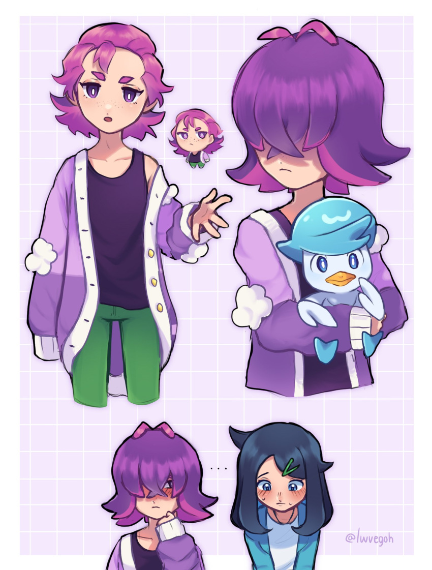 2girls, :o, black_hair, blush, bright_pupils, cardigan, closed_mouth, commentary, cowlick, dot_(pokemon), freckles, goh_(lwvegoh), green_jacket, green_pants, hair_ornament, hair_over_eyes, hairclip, highres, holding, holding_pokemon, jacket, liko_(pokemon), multiple_girls, open_clothes, open_jacket, open_mouth, pants, pokemon, pokemon_(anime), pokemon_(creature), pokemon_horizons, purple_cardigan, purple_hair, quaxly, shirt, sweat, tank_top, twitter_username, violet_eyes, watermark, white_pupils, white_shirt