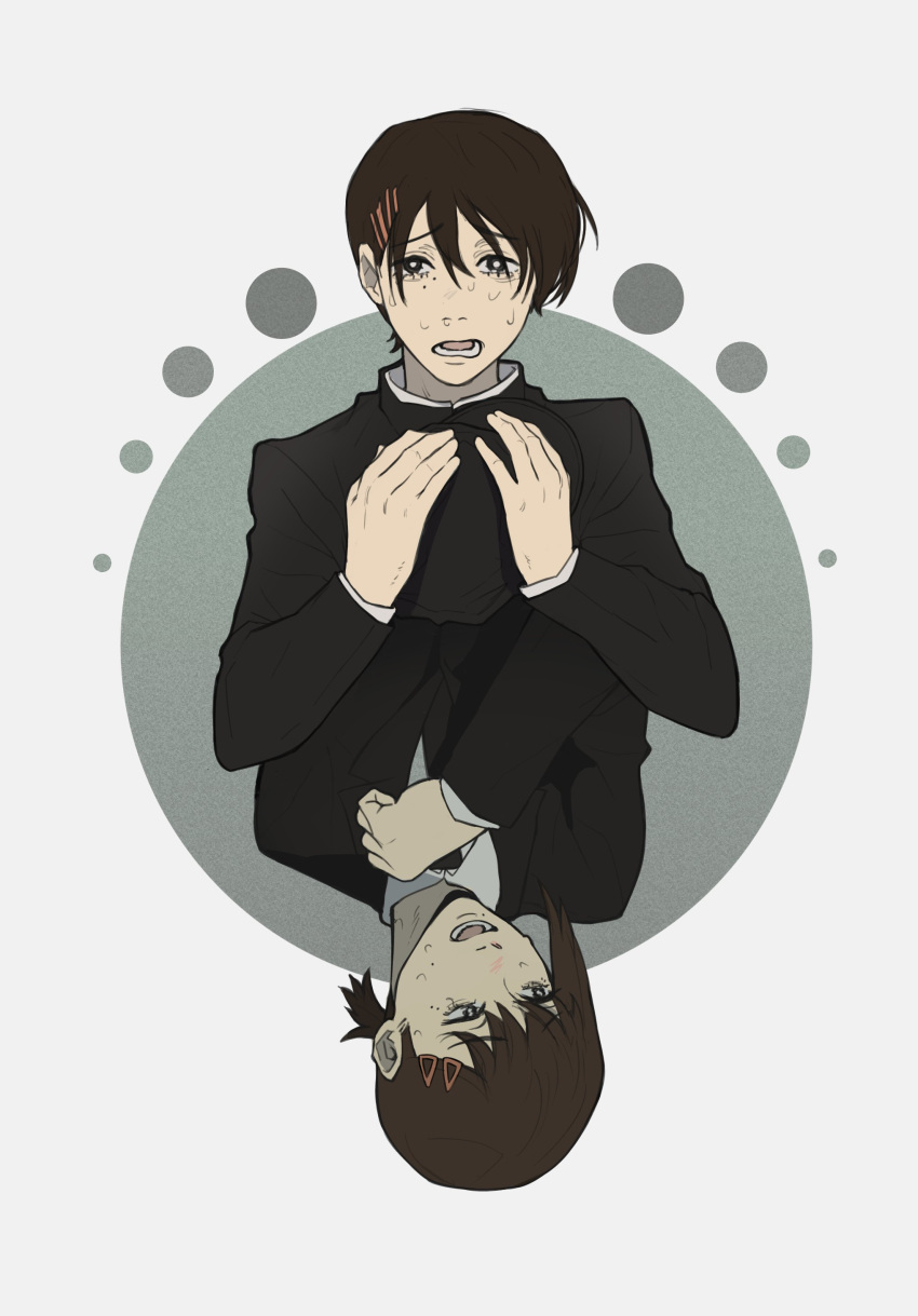 1boy, 1girl, absurdres, andrei_(shidanasu), black_necktie, brother_and_sister, brown_hair, chainsaw_man, circle, crying, hair_ornament, hairclip, higashiyama_kobeni, higashiyama_nobana, highres, necktie, school_uniform, short_hair, siblings, white_background