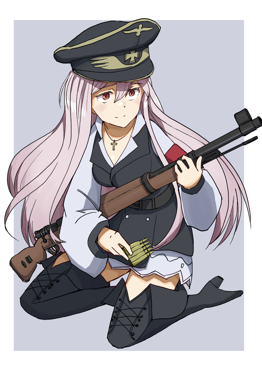 1girl, absurdres, armband, belt, blush, bolt_action, boots, bullet, cross, girls_frontline, gun, haldeco, hat, highres, iron_cross, kar98k_(girls'_frontline), mauser_98, military_hat, red_eyes, rifle, weapon, white_hair