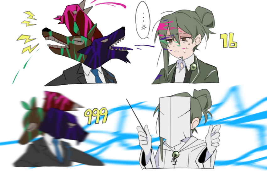 2boys, baton_(conducting), bremen_(library_of_ruina), brown_eyes, closed_mouth, coat, e.g.o_(project_moon), folded_ponytail