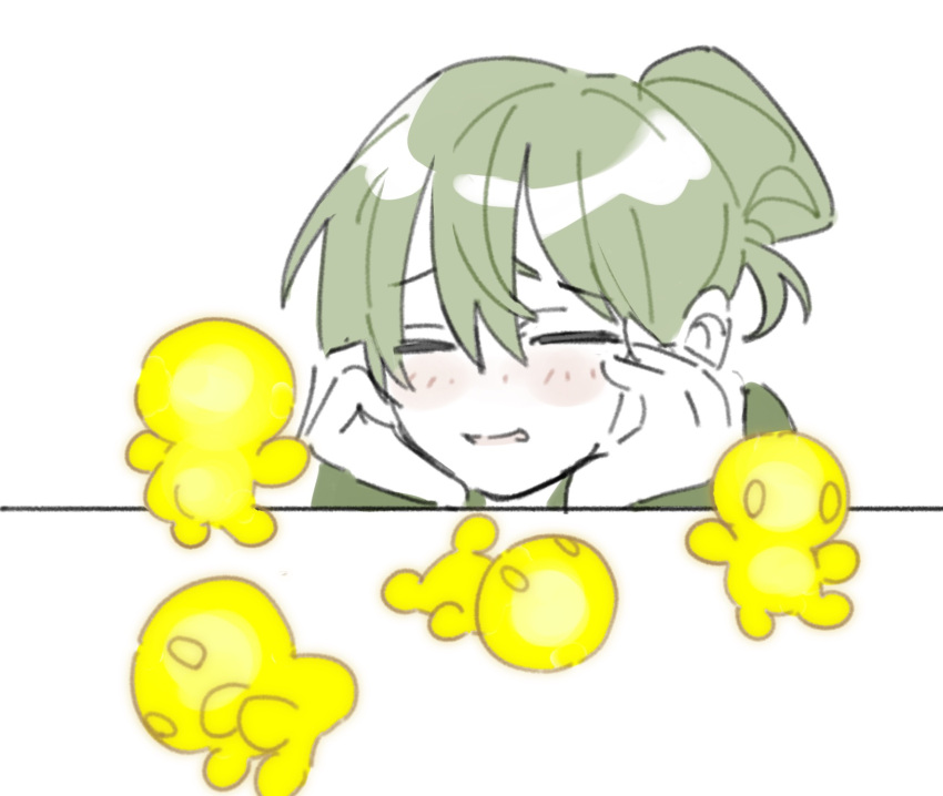 1boy, blush, closed_eyes, folded_ponytail, green_hair, hands_up, highres, k2_(mili)