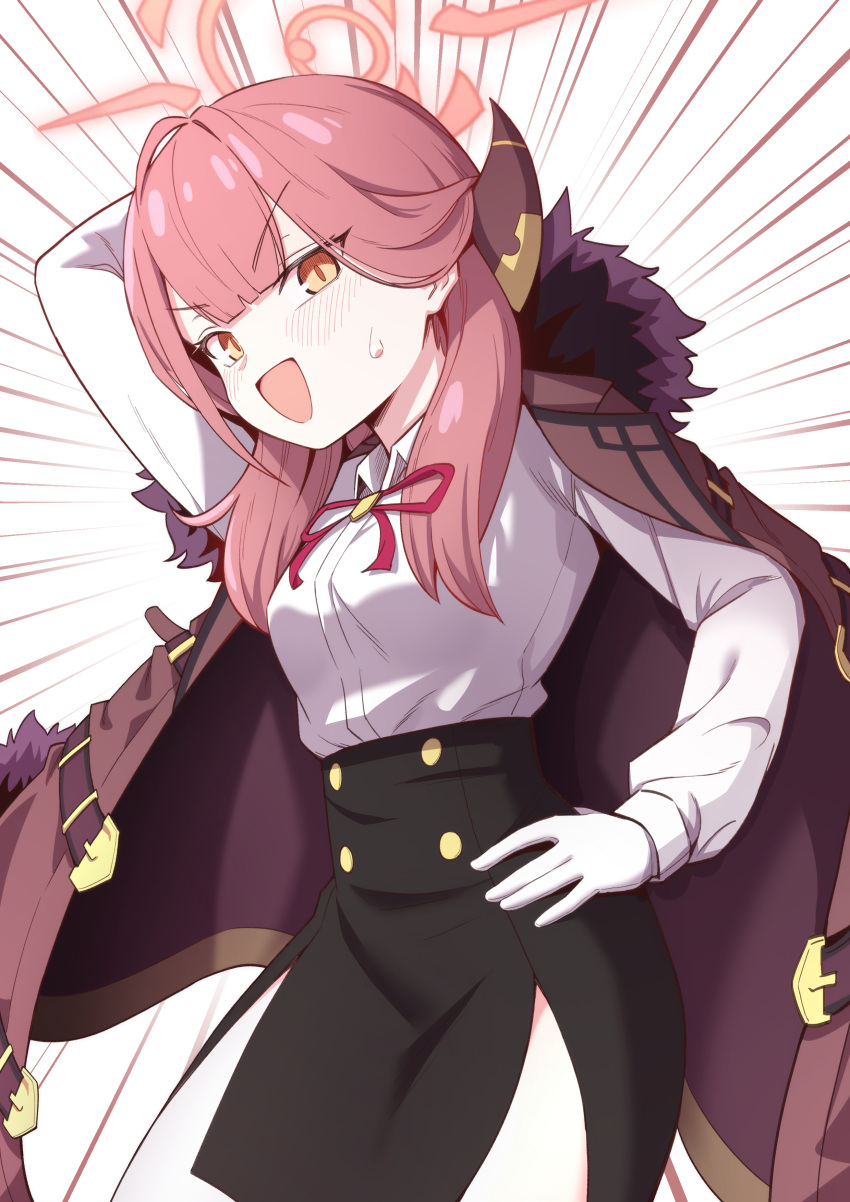 1girl, absurdres, arm_behind_head, aru_(blue_archive), black_skirt, blue_archive, coat, collared_shirt