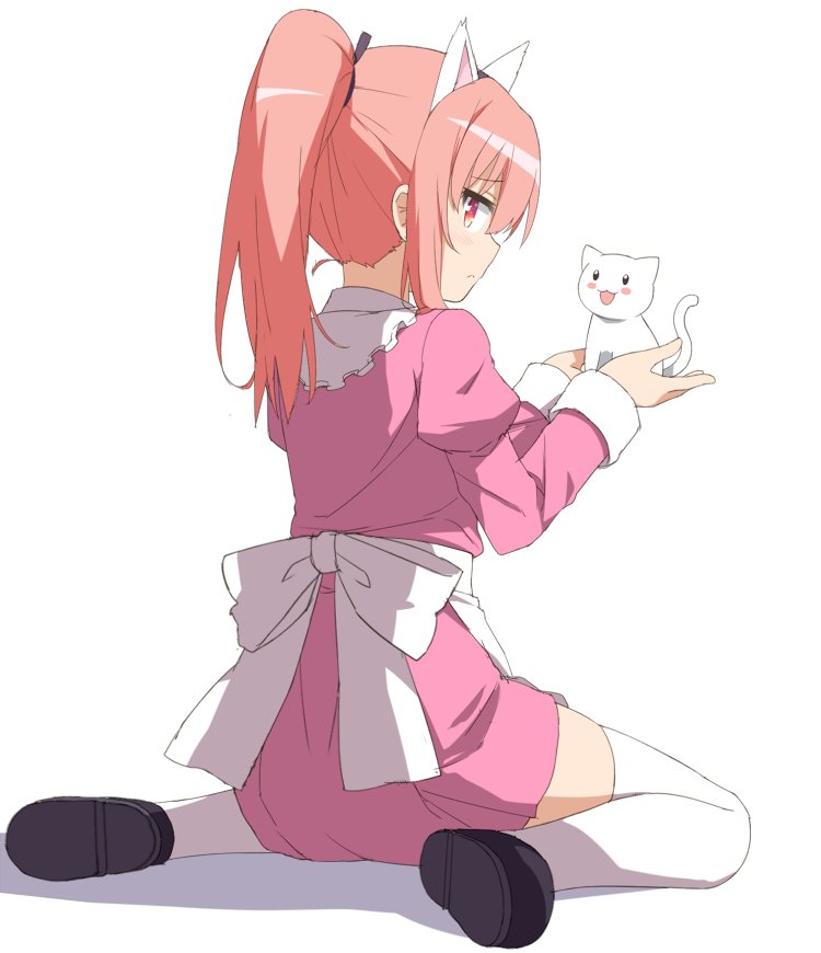 1girl, animal, animal_ears, apron, black_footwear, cat, cat_ears, closed_mouth