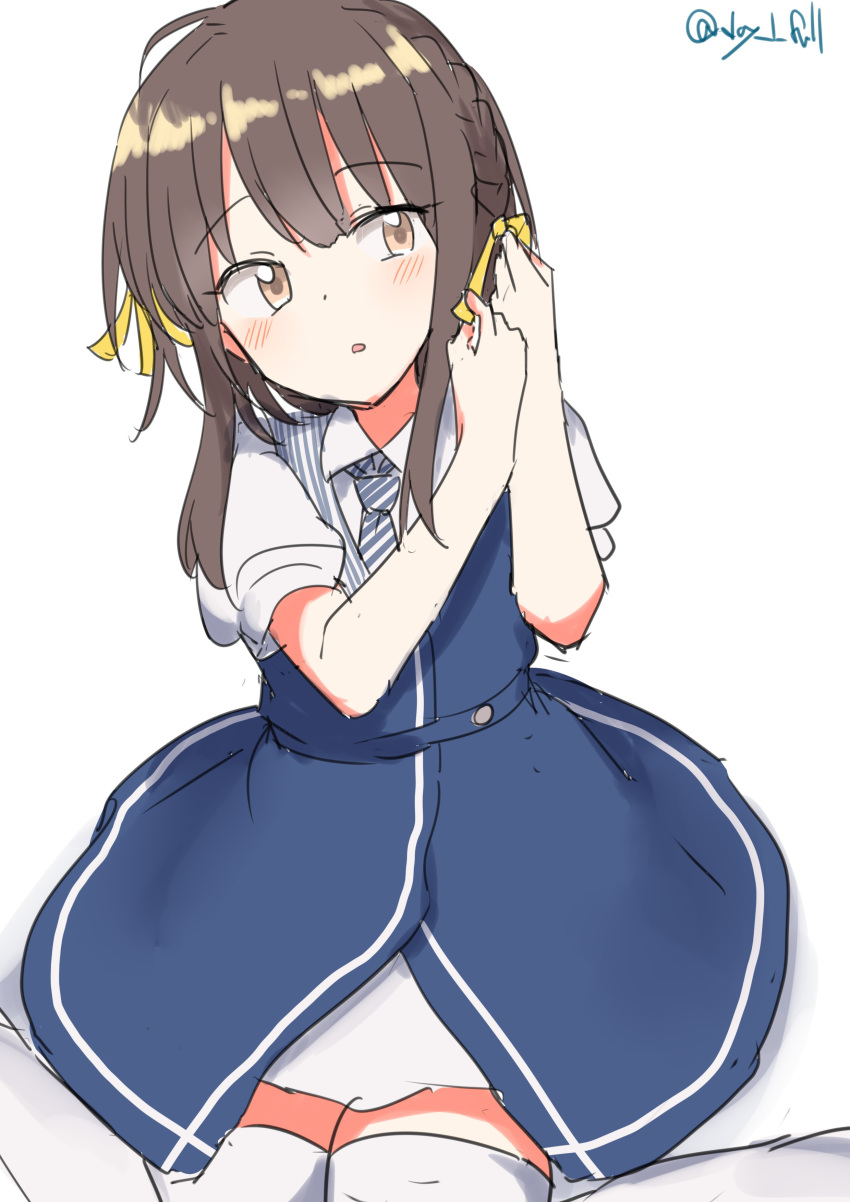 1girl, absurdres, black_hair, blue_dress, brown_eyes, diagonal-striped_necktie, dress, grey_sailor_collar