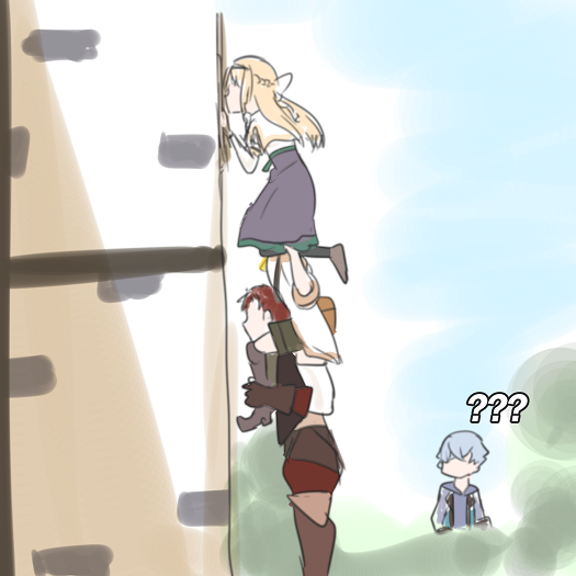 1girl, 3boys, ?, ??, atelier_(series), atelier_ryza, atelier_ryza_1, blonde_hair