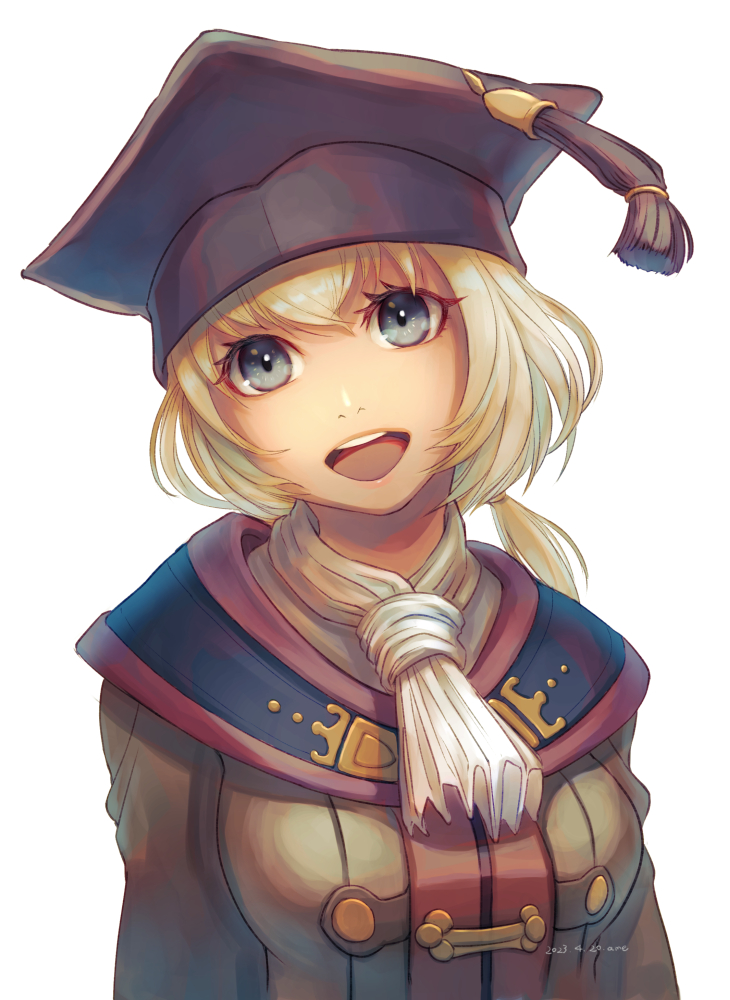 1girl, 2023, :d, artist_name, ascot, avatar_(ff11), black_headwear, blonde_hair