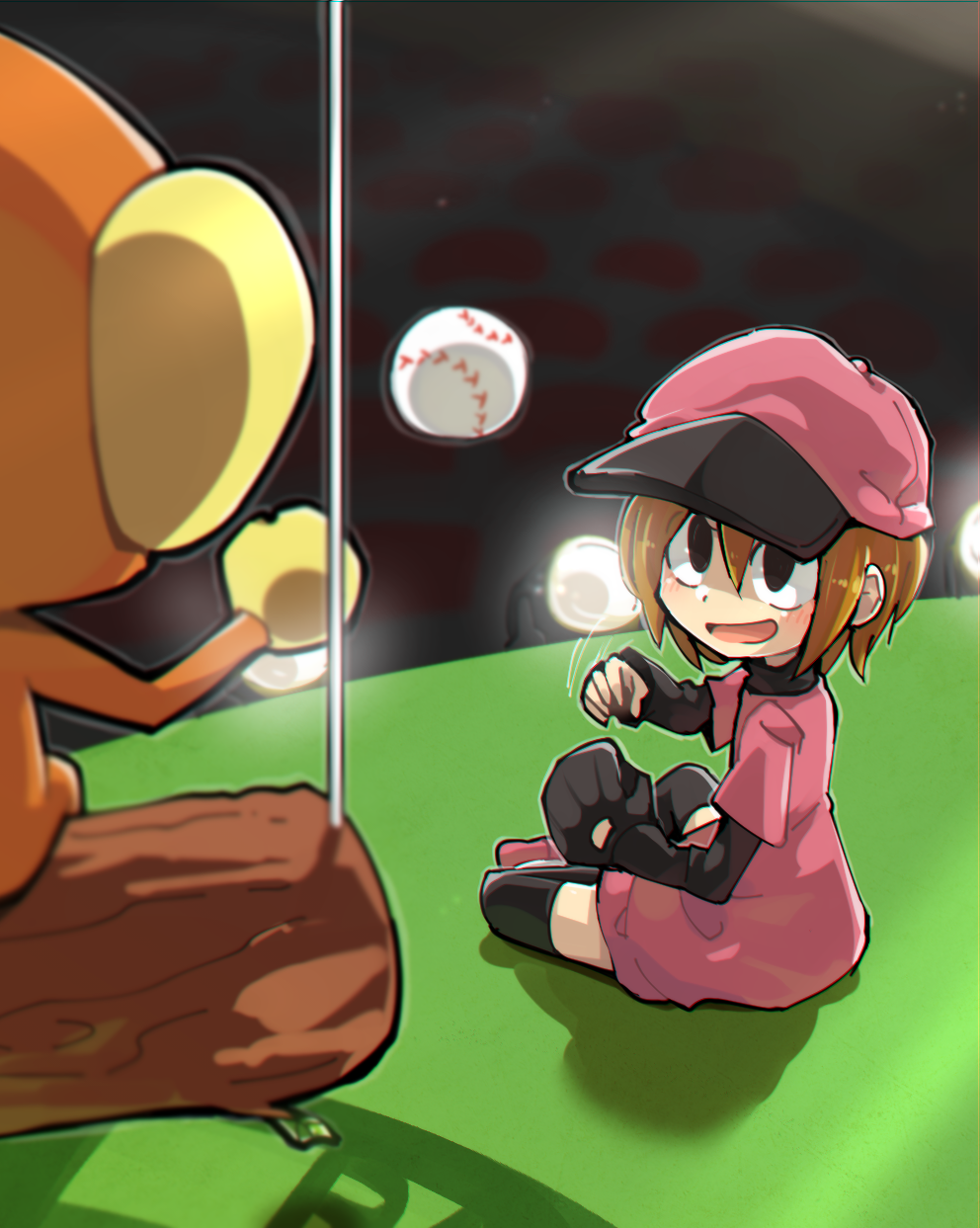 1girl, :d, baseball, baseball_cap, baseball_mitt, black_eyes, black_gloves, black_shirt