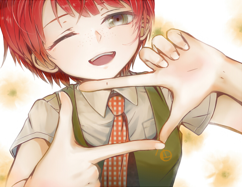 1girl, :d, blurry, blurry_background, breasts, collared_shirt, commentary, danganronpa_(series)