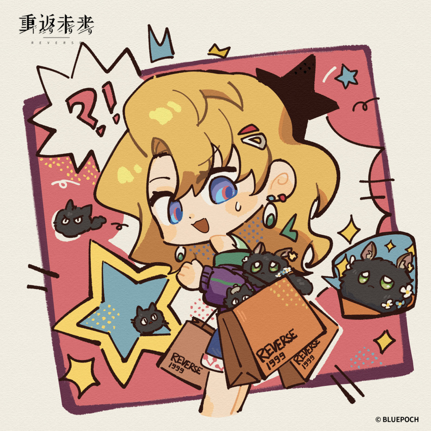 !?, 1girl, :d, ^^^, bag, blonde_hair, blonney, blue_shorts