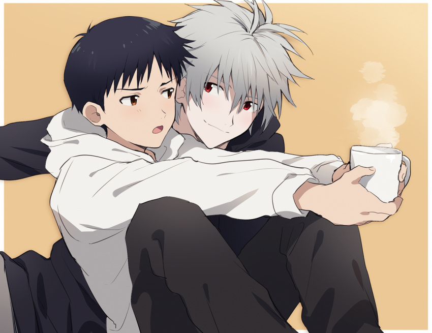 11kkr, 2boys, alternate_costume, arms_up, black_hair, black_hoodie, black_pants, border