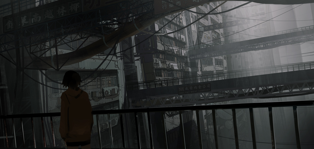 1girl, abandoned, black_hair, black_shorts, bridge, building, fog, haruaki_(onkai_planaria), hood, hoodie, original, outdoors, post-apocalypse, power_lines, railing, scenery, short_hair, shorts, solo, urban, yellow_hoodie