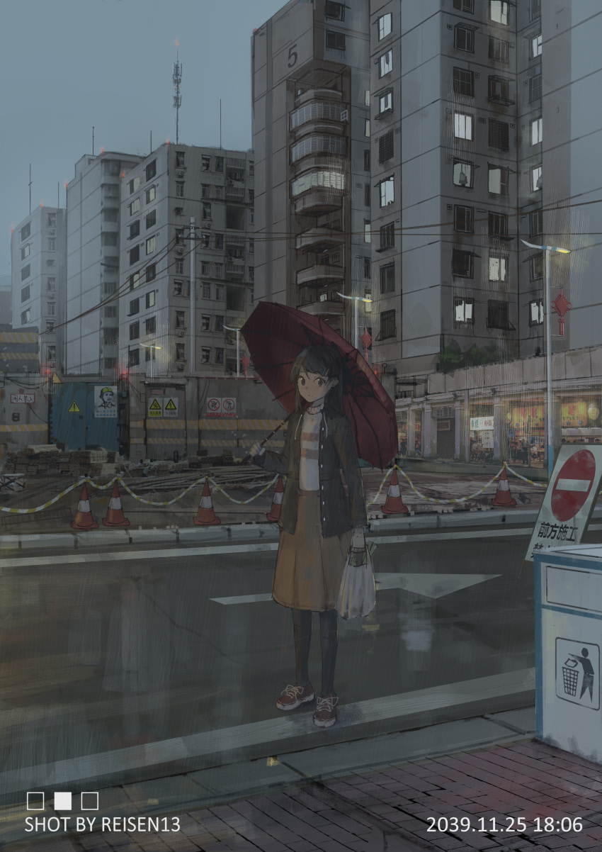 1girl, absurdres, apartment, bag, balcony, building, city, grey_sky