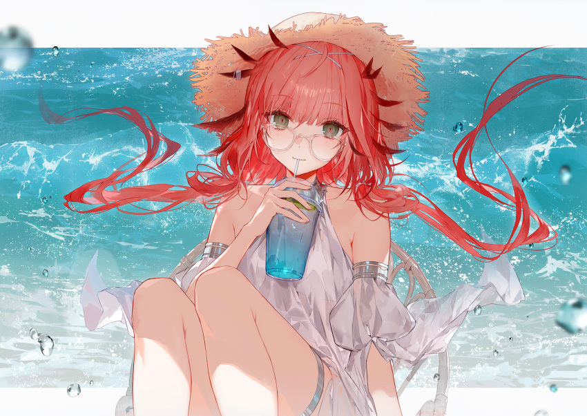 arknights, brown_eyes, detached_sleeves, dress, drink, drinking_straw, drinking_straw_in_mouth, erato_(arknights), feathers, glasses, hat, highres, long_hair, looking_at_viewer, pink_eyes, s2rid, see-through, summer, sun_hat, thigh_strap, water, water_drop, white_dress