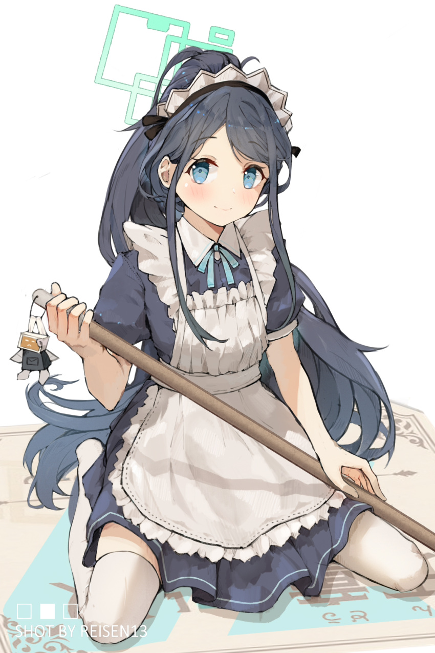 1girl, apron, aris_(blue_archive), aris_(maid)_(blue_archive), artist_name, black_hair, blue_archive, blue_dress