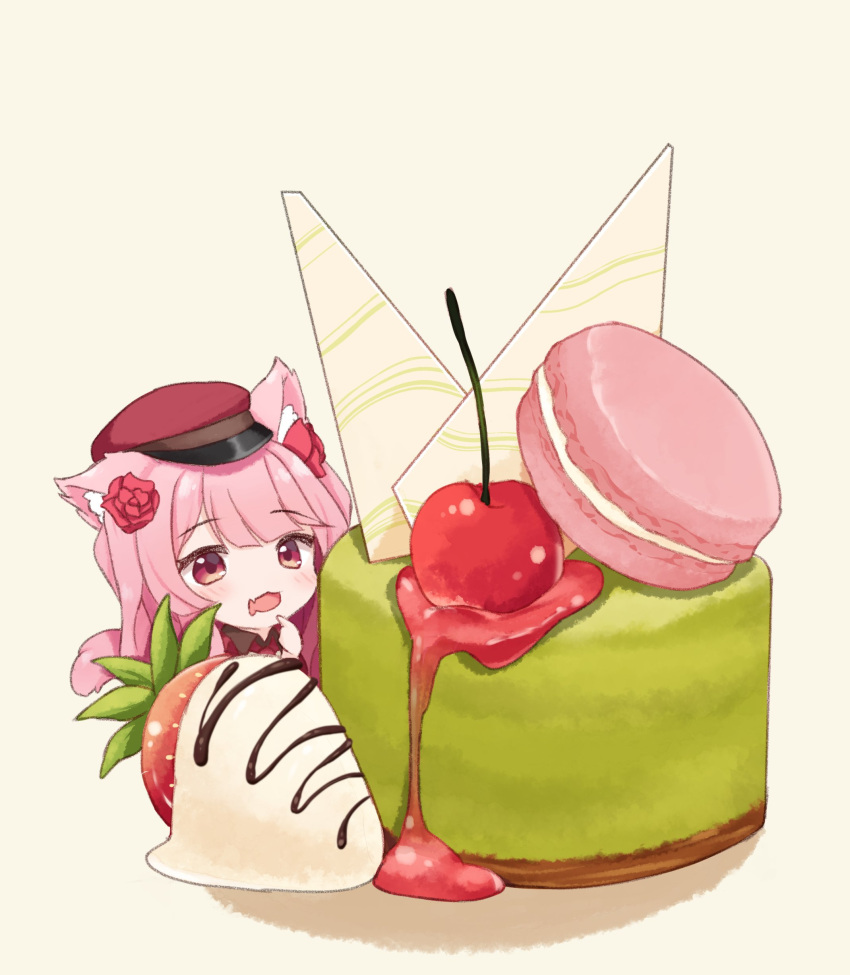1girl, :d, absurdres, animal_ears, blush, cat_ears, cat_girl, cat_tail, cherry, chibi, drooling, fang, food, food_focus, fruit, hat, highres, kemonomimi_mode, macaron, matcha_(food), matcha_castella, mini_person, minigirl, mouth_drool, nijisanji, nijisanji_en, pink_eyes, rosemi_lovelock, rosemi_lovelock_(2nd_costume), skin_fang, sleepypudding, smile, solo, strawberry, tail