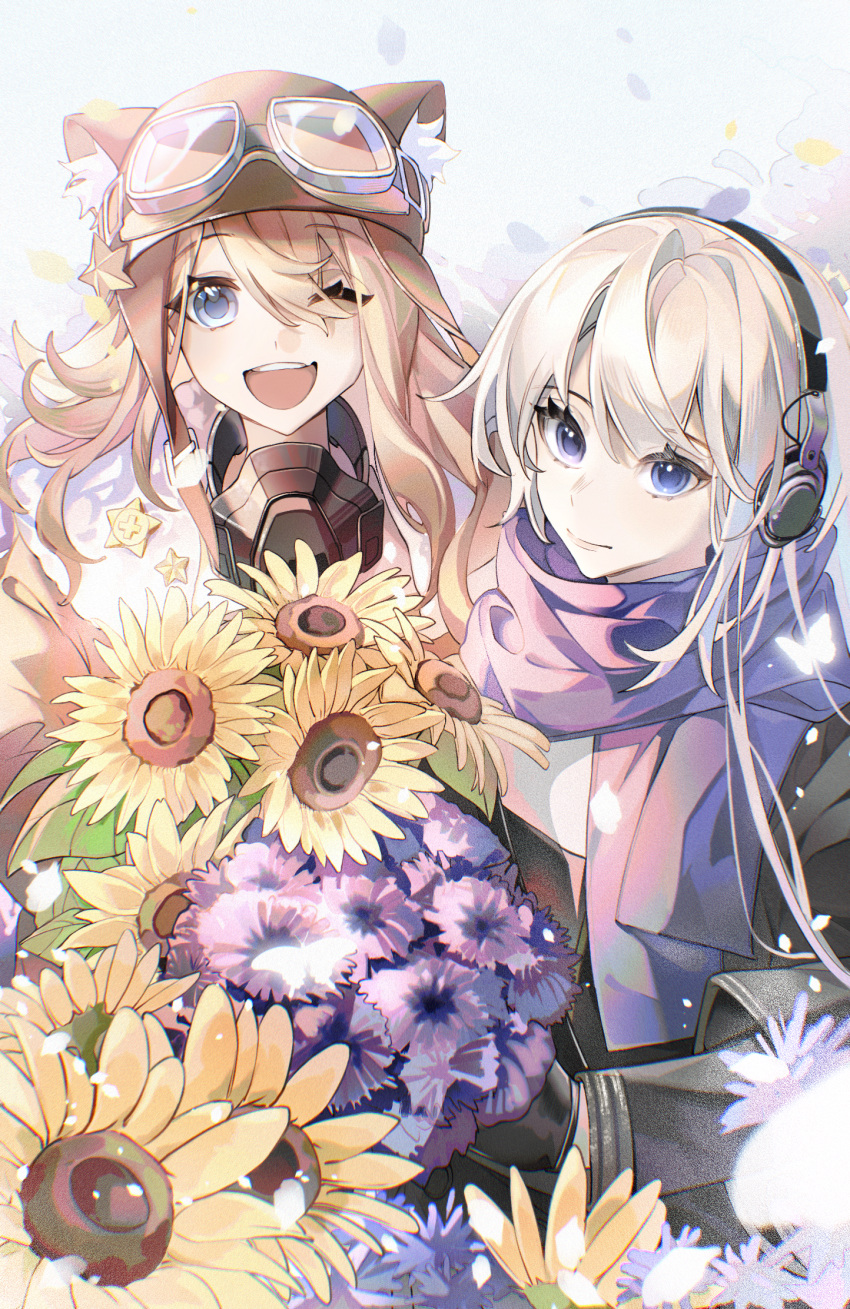 2girls, ;d, animal_ears_helmet, artist_request, bkornblume, black_coat, black_gloves, blonde_hair, blue_eyes, blue_flower, blue_scarf, brown_jacket, bug, butterfly, closed_mouth, coat, commission, cornflower, flower, fur-trimmed_jacket, fur_trim, gloves, glowing_butterfly, goggles, goggles_on_head, grey_hair, hair_ornament, headphones, highres, jacket, lilya_(reverse:1999), looking_at_viewer, multiple_girls, one_eye_closed, pilot_helmet, reverse:1999, scarf, second-party_source, smile, star_(symbol), star_hair_ornament, sunflower, teeth, upper_body, upper_teeth_only, white_background, yellow_flower