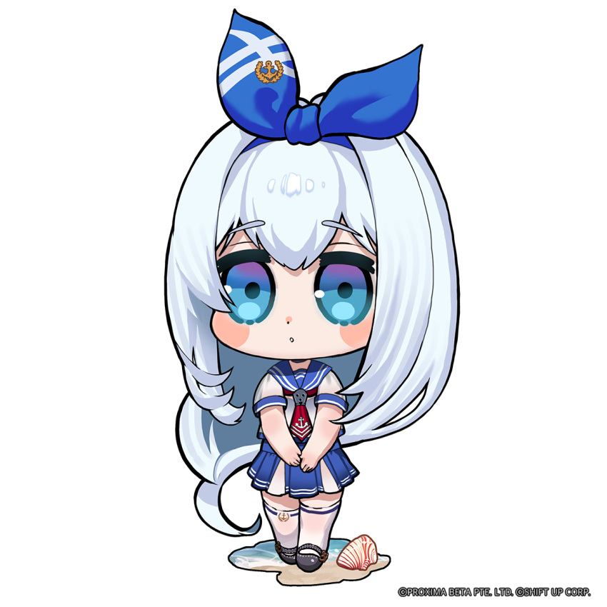 1girl, anchor_(nikke), anchor_print, black_footwear, black_thighhighs, blue_ribbon, blue_sailor_collar, blue_skirt