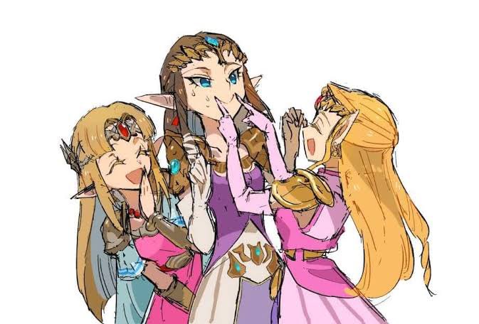 3girls, armor, blonde_hair, blue_eyes, brown_hair, comedy, covering_mouth, dress