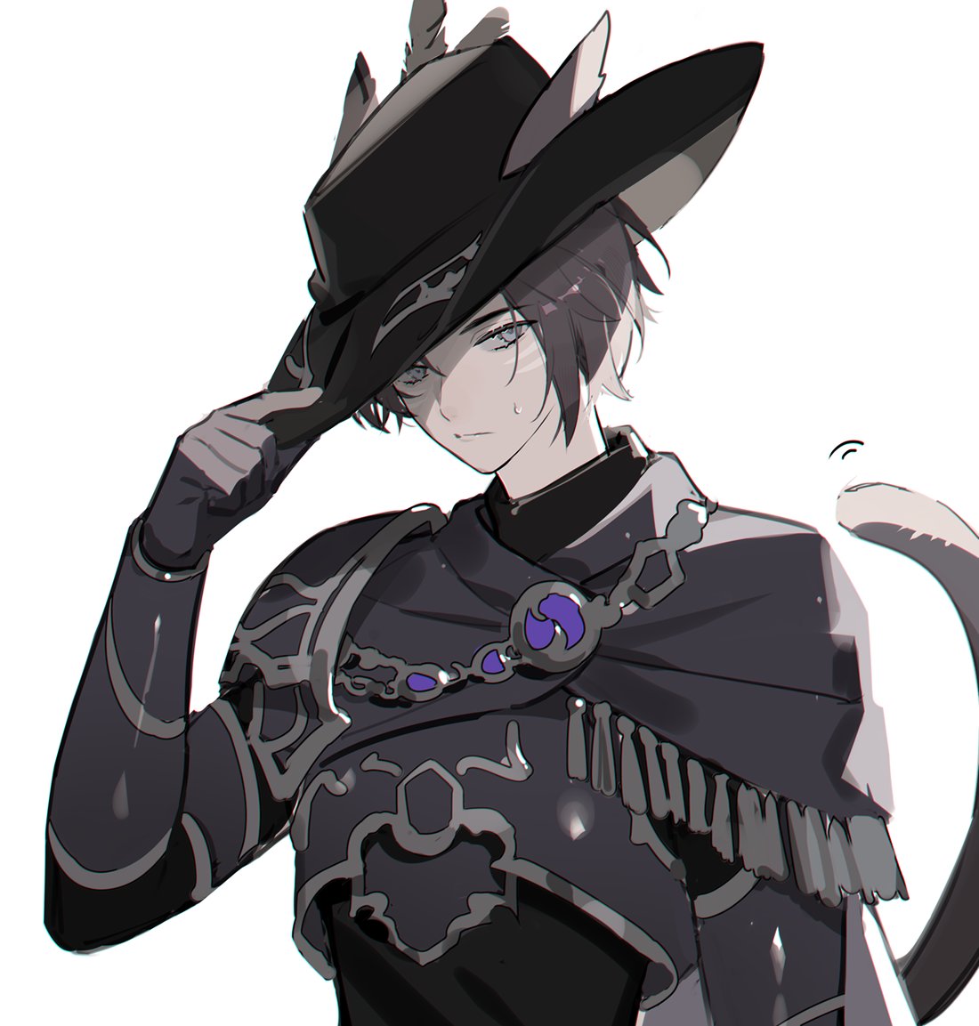 1girl, alternate_race, androgynous, animal_ears, black_capelet, black_gloves, black_hair, black_headwear