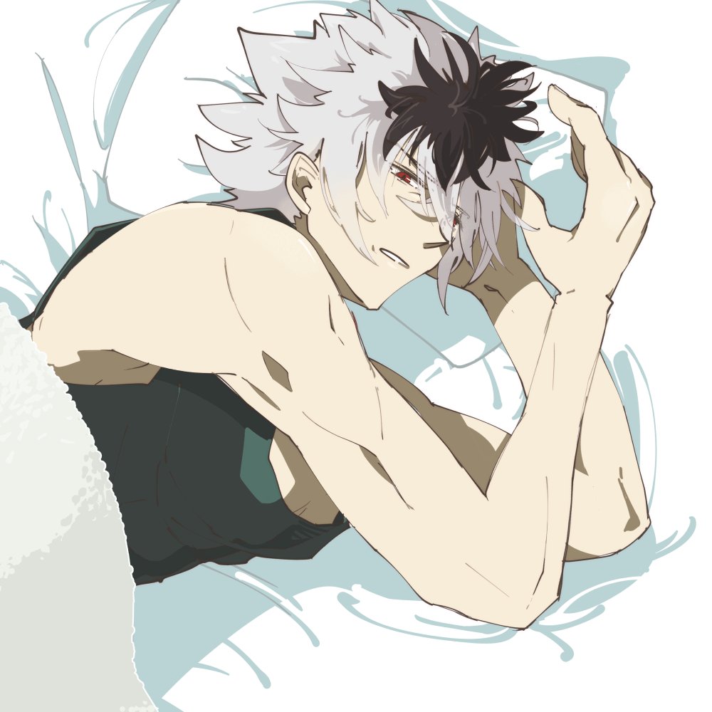 1boy, black_hair, eifilet, facing_to_the_side, fire_emblem, fire_emblem_fates, male_focus, multicolored_hair, on_bed, red_eyes, shura_(fire_emblem), solo, two-tone_hair, upper_body, white_hair