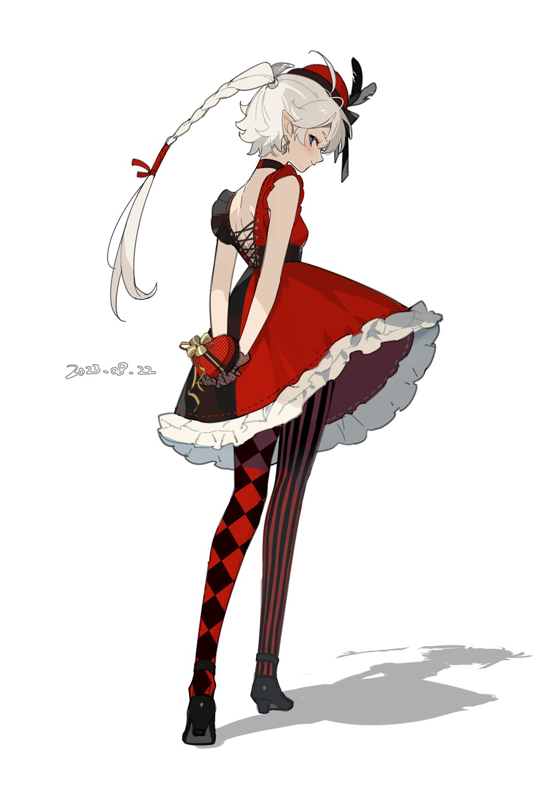 1girl, ahoge, alisaie_leveilleur, alternate_costume, argyle, argyle_legwear, arms_behind_back, asymmetrical_legwear