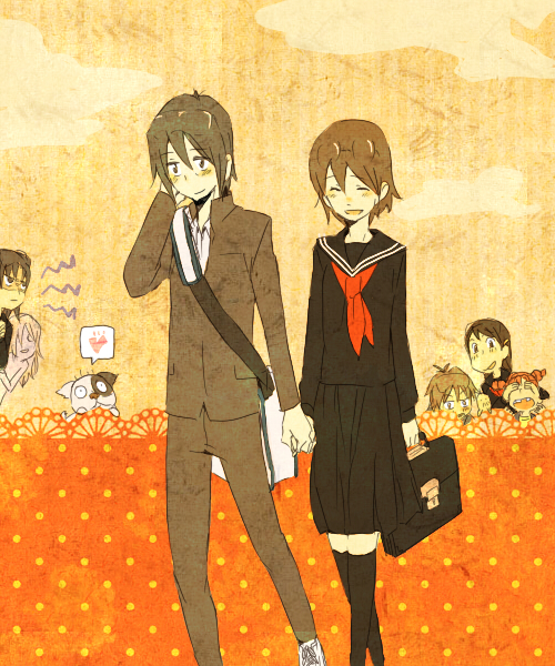 2boys, 5girls, amasawa_yuuko, bag, black_jacket, black_pants, black_sailor_collar, black_shirt
