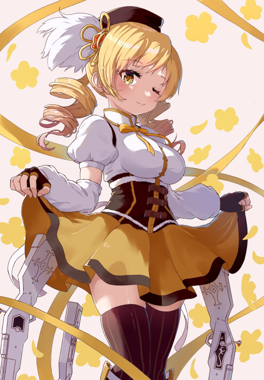 1girl, arms_at_sides, beret, black_headwear, blonde_hair, breasts, brown_thighhighs, closed_mouth