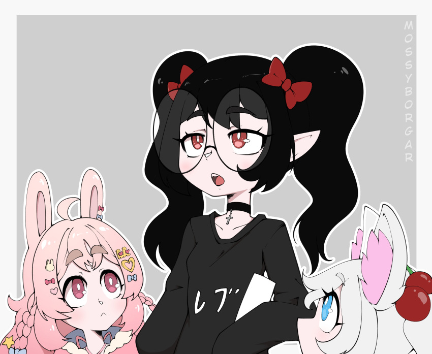 1boy, 2girls, absurdres, animal_ears, artist_name, black_choker, black_hair, black_shirt, blue_bow, blue_eyes, bow, braid, bright_pupils, cherry_hair_ornament, choker, collarbone, cross, cross_choker, food-themed_hair_ornament, fox_ears, fox_girl, grey_background, grey_hair, hair_bow, hair_ornament, heart, heart_hair_ornament, highres, indie_virtual_youtuber, kirsche_verstahl, long_hair, mossyartburger, multiple_girls, open_mouth, oversized_eyewear, phase_connect, pink_bow, pink_eyes, pink_hair, pipkin_pippa, pointy_ears, rabbit_ears, rabbit_girl, rabbit_hair_ornament, red_bow, red_eyes, rev_says_desu, shirt, star_(symbol), star_hair_ornament, twintails, white_pupils
