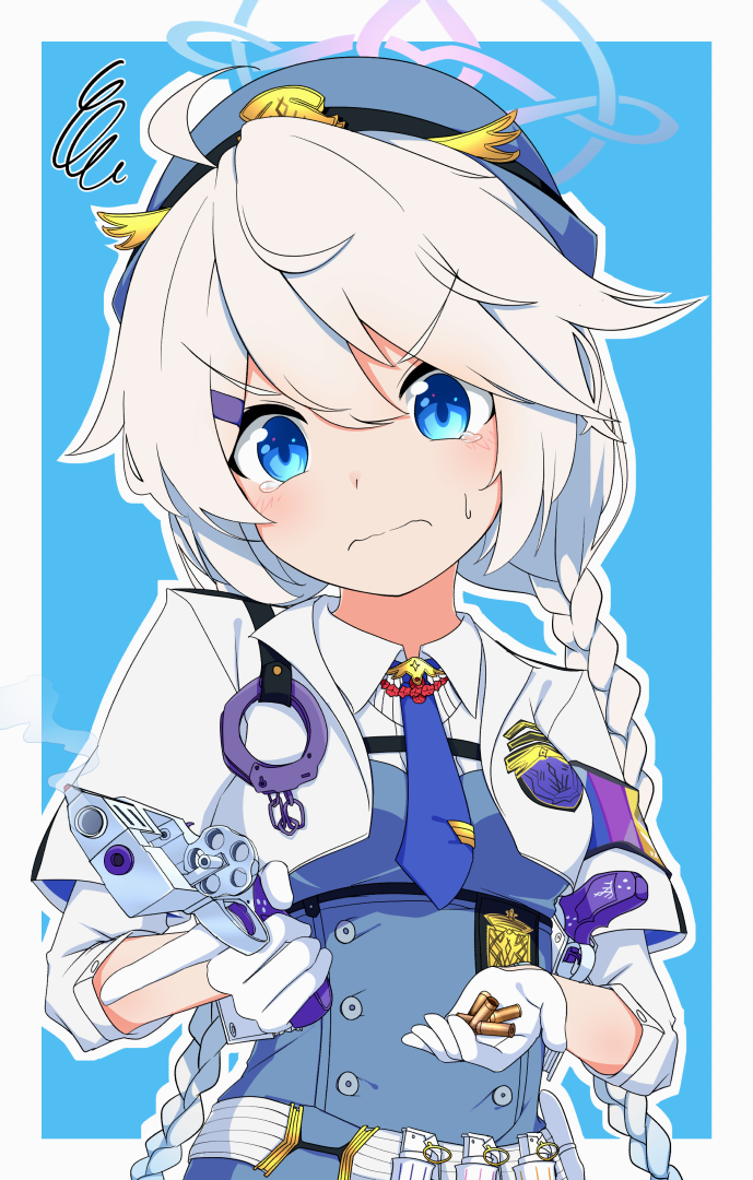 1girl, armband, blue_archive, blue_eyes, braid, bullet, dress, epaulettes