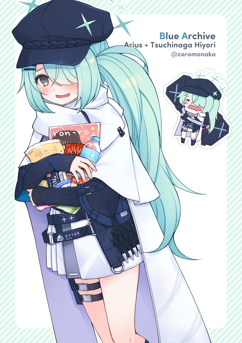 1girl, asymmetrical_bangs, belt, black_belt, black_sweater, blue_archive, blush, cabbie_hat
