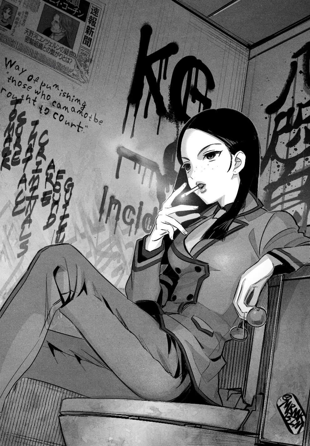 1girl, ace_attorney, ace_attorney_investigations, ace_attorney_investigations:_miles_edgeworth, breasts, callisto_yew, commentary, english_text, freckles, graffiti, greyscale, hand_up, highres, indoors, jacket, long_hair, long_sleeves, maro_(mrmrbim), medium_breasts, monochrome, necktie, open_mouth, pants, sitting, smoke, smoking, solo, spoilers, suit, toilet, writing_on_wall