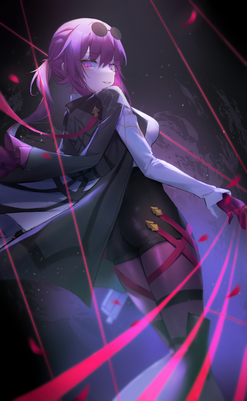 1girl, absurdres, ass, eyewear_on_head, from_behind, gloves, high-waist_shorts, highres