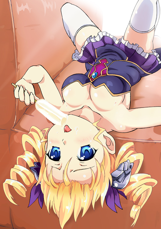 blue_eyes, breasts, cleavage, drill_hair, koihime_musou, popsicle, raichi_(pixiv), skirt
