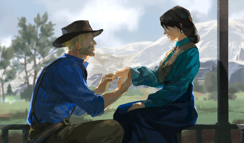 1boy, 1girl, absurdres, arthur_morgan, beard, black_hair, blonde_hair, blue_skirt, chinese_commentary, commentary, cowboy_hat, earrings, faceless, faceless_female, faceless_male, facial_hair, hat, hetero, highres, jewelry, long_skirt, mary_linton, mountain, on_one_knee, red_dead_redemption, red_dead_redemption_2, sitting, skirt, suspenders, tree, yi_tiao_zhi_xian_chong