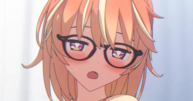 +_+, 1girl, 3d, black-framed_eyewear, blender_(medium), blonde_hair, blush, bright_pupils