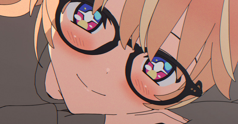 +_+, 1girl, 3d, black-framed_eyewear, black_shirt, blender_(medium), blonde_hair, bright_pupils